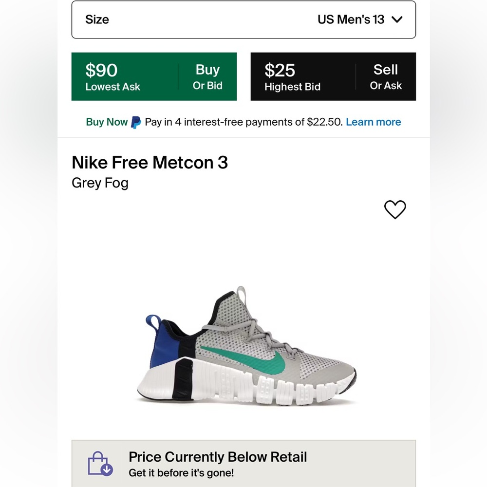 Nike Free Metcon 3- Grey Fog - size 13